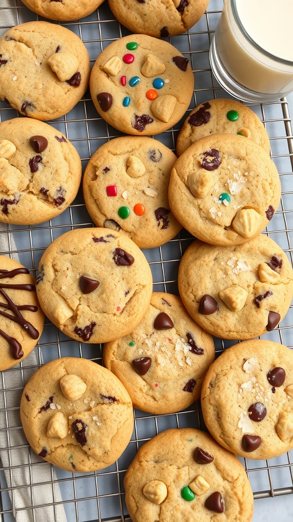 An assortment of freshly baked cookies, including chocolate chip, funfetti, and nut varieties on a cooling rack.